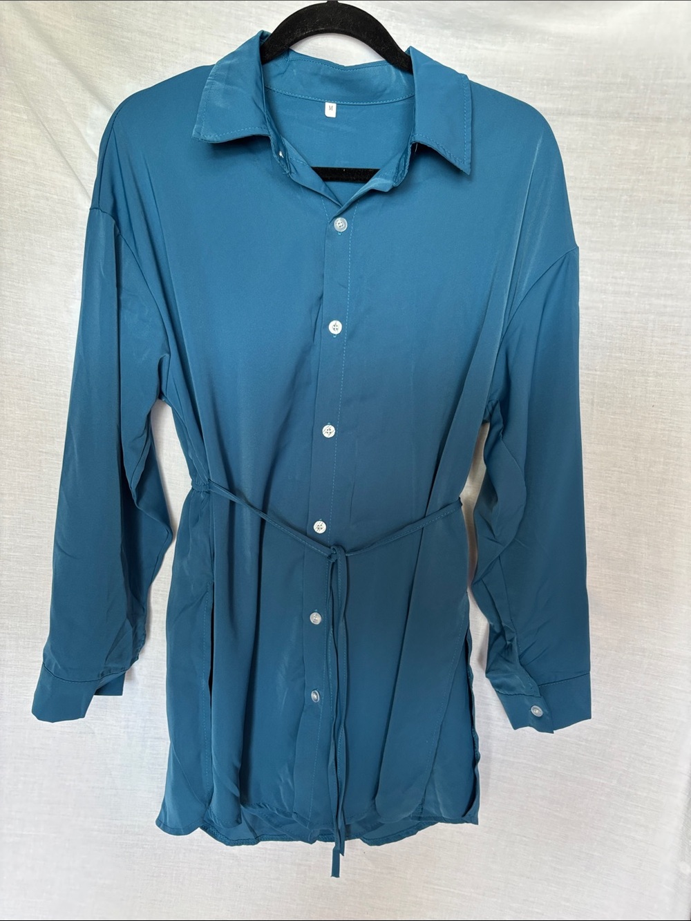 Teal Button-Down Tie-Waist Shirt Dress with built in shorts